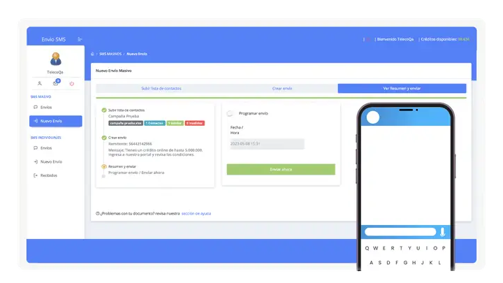 Envío inmediato o agendado con reporte en tiempo real